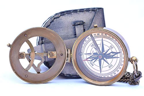 NEOVIVID Messing-Sonnenuhr-Kompass mit Kette und Lederetui - Marine Nautical - Sonnenuhr - Steampunk Zubehör