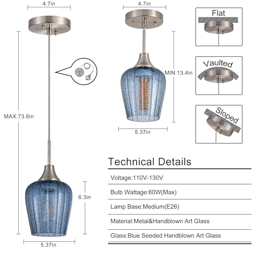 Image of Viinew Mini Glass Pendant Light,3-Pack Tulip Blue Glass Hanging Light
