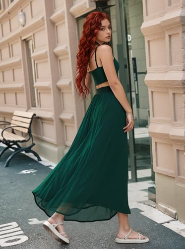 Women Sexy 2 Piece Outfits Dress Chiffon Strap Deep V Neck Bra Crop Top High Split Maxi Dresses Skirt Set4