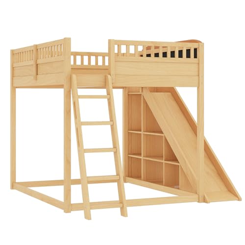 Image of Bellemave Bunk beds Queen Over Queen with Slide and Stair and upholstered headboard, Low bunk /loft Bed for Kids，Natural