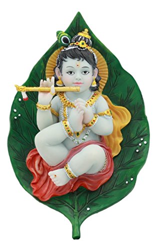Ebros Hindu God Baby Krishna Vishnu On Peepal Leaf with Bansuri Flute Statue 6" High Eastern Enlightenment Hinduism Avatar Deity Gods