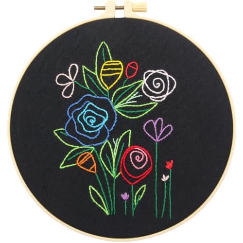 Image of Flowers Embroidery Kits for Adults Beginners, Embroidery Starters Kit, Floral Stamped Cross Stitch Kits Needlepoint Kits for for Beginners Adults Valentine's Day Gifts, Embroidery Hoop, Video Tutorial
