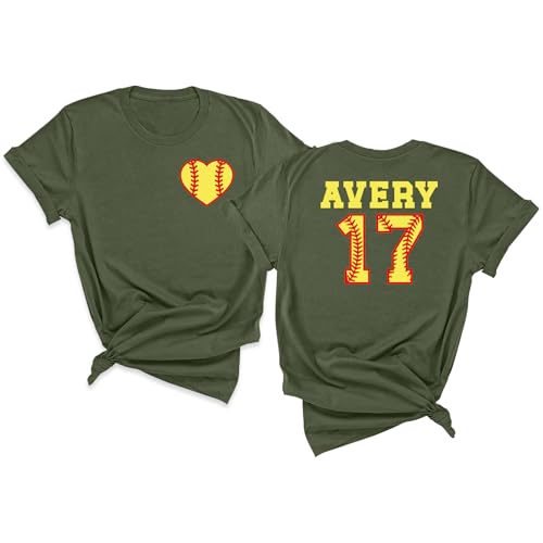Custom Softball Shirt Softball Heart Shirt with Custom Number and Name Softballl T-Shirts for Woman Softballll Shirts for Girl Softballl Game Day T-Shirt Adult and Kids Sizes2