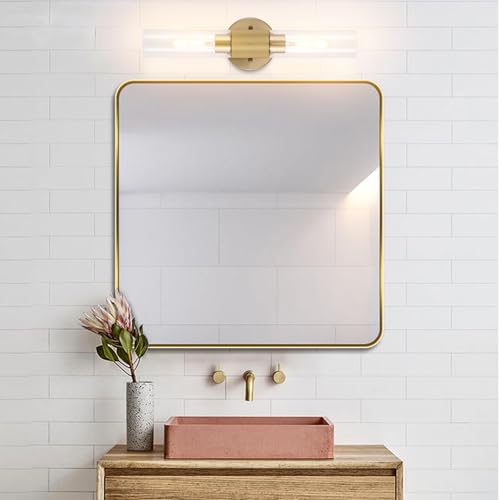 Image of BYOLIIMA Gold Knurled Texture Wall Sconce Clear Glass Shade Modern Bathroom Vanity Light Fixtures 2-Lights Mid Century Wall Light for Mirror Living Room Hallway E26 T10 Bulbs(Excluded)