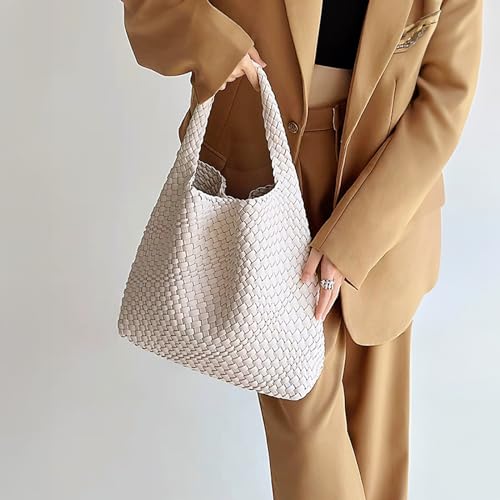 Image of Woven Tote Bag with Small Purses for Women, Vegan Leather Hobo Bags Straw Handbags Large Underarm Shoulder Bag