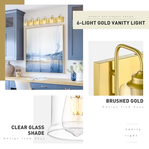 Image of zeyu 44 Inch Brushed Gold Bathroom Light Fixtures, 6 Lights Vintage Wall Light, Modern Vanity Light with Clear Glass Shade, ZSL72B-6W BG