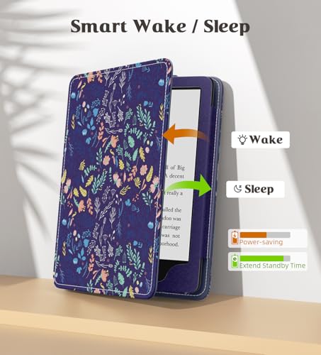 MoKo Case for 7"/6.8" Kindle Paperwhite(12th/11th Generation-2024/2021) and Kindle Colorsoft Signature Edition, Slim PU Shell Cover Case with Auto-Wake/Sleep for Kindle Paperwhite 2024,Flowers on Blue - Image 4