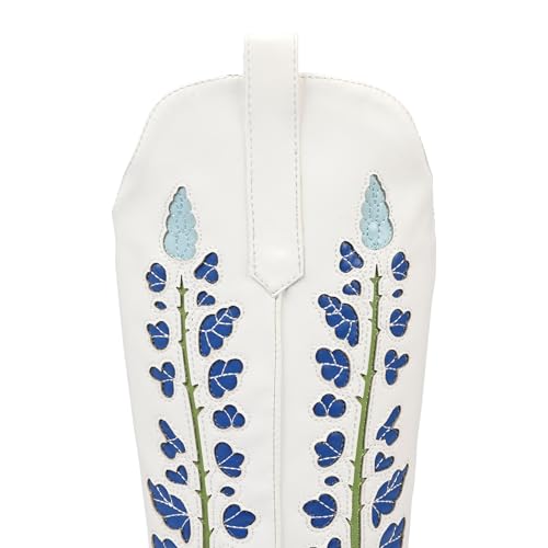 Cowboy Boots For Women, Cute Bluebonnet Floral Embroidered Fashion Country Boots Pointed Toe Chunky Heel Wide Calf Fancy Comfortable Pu Leather, Cowgirl Boots3