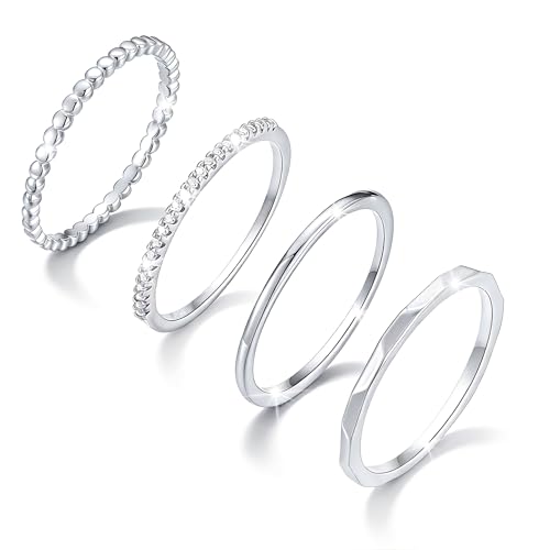 Lunvky Sterling Silver Stacking Rings for Women Girls 14K Gold Plated Ring Non Tarnish Thin Trendy Stackable Dainty Finger Pinky Thumb Wedding Band Rings Set Jewellery Gifts Silver Dot Size 8