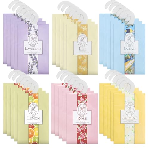BREANIFULL Lot de 30 sachets parfumés naturels anti-mites, 6 parfums différents, désodorisants de garde-robe avec sachets à suspendre, désodorisants pour...