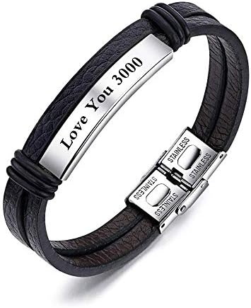 Personalized Mens Black Leather Bracelets Free Engraving 7.6 Inches ID Bracelets Customized for Men Women