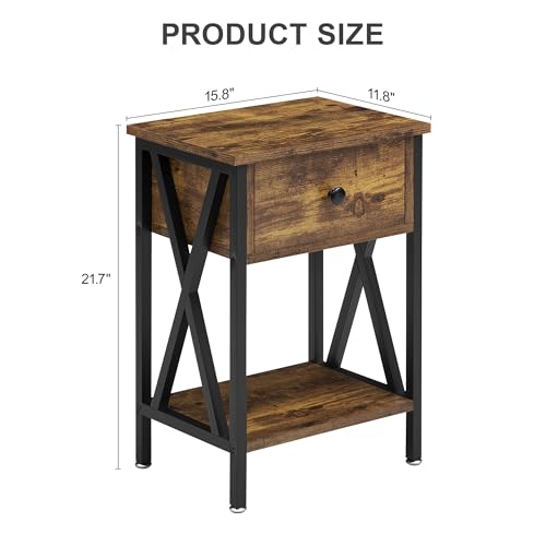 Image of VECELO Nightstand,Modern Bedside End Tables, Night Stand with Drawer and Storage Shelf for Living Room Bedroom, Industrial Metal Frame