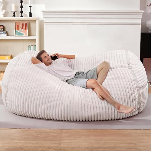 Image of 6FT Bean Bag Chair 6'Giant Bean Bag Chairs with Adults, Large Beanbag Chair | Bean bag Lounger with Machine Washable Cover Corded Plush Fabric, Comfy Chairs for Living Room Bedroom Dorm, Beige