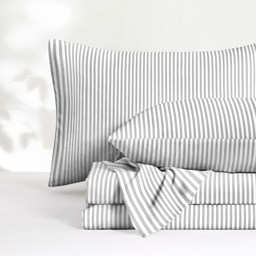 Image of Wake In Cloud - Striped Bed Sheets, 4-Piece Sheet Set, Ticking Vertical Pin Stripe Modern Farmhouse Pattern Printed Bedding, Deep Pocket, Gray White, Queen Size