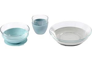 BEABA 3-Piece Glass Toddler Plate Set for Baby Food, (Rain)