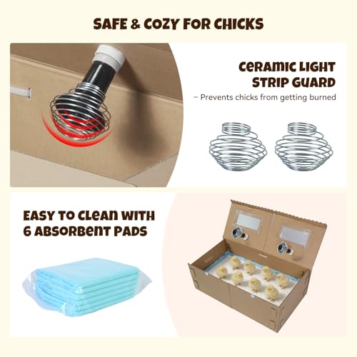 AsFrost 33" Extra Large Chick Brooder Box for 40 Chicks, Dual 75W No-Light Ceramic Heat Lamps, Adjustable Thermostat, 6 Waterproof Pads, Poultry Brooder for Quail, Rabbits & Reptiles — view 5