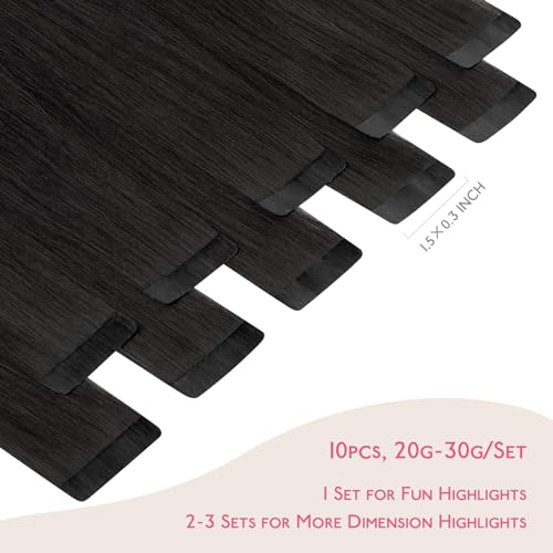Image of WENNALIFE Tape in Hair Extensions Human Hair Natural Black Tape in Extensions, 10pcs 20g 10 inch Remy Invisible Tape Ins Straight Colored Soft Real Human Hair Tape in Extensions Refill Set Extensions