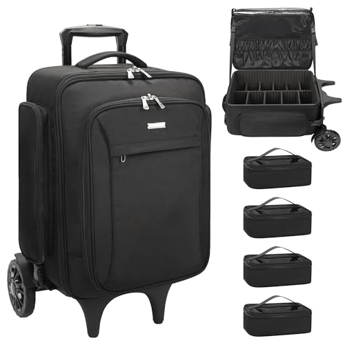 Trousse de toilette à roulettes avec 4 petites trousses cosmétiques - Grand organisateur de cosmétiques de voyage avec 2 grandes roues, sac à dos professionnel verrouillable pour artistes cosmétiques