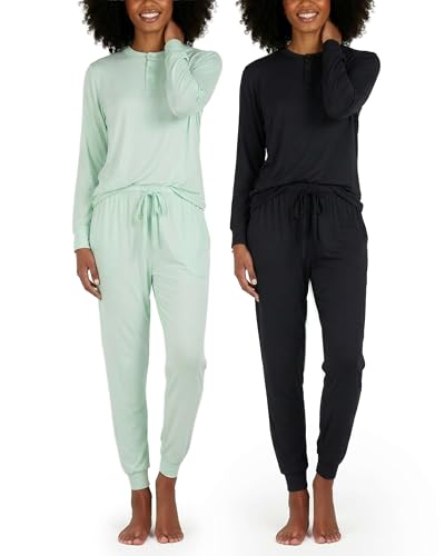 Image of Real Essentials 2 Pack: Women's Soft Long Sleeve Sleep Set - Comfortable Lounge Pull Over Hoodie and Henley Jogger