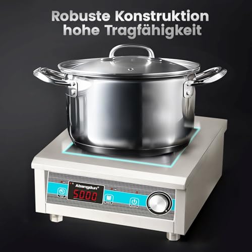 Gewerbliches Induktionskochfeld 5000W 220V~240V Profi Kommerzielles Induktionskochplatte mit 20 Leistungsstufen, 60–260°C, 18h-Timer, Edelstahl & Glas, für Gastronomie, Restaurant