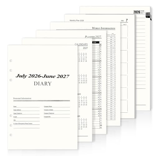 A5 Planner Inserts 2026-2027 Mid Year Diary A5 Page A Day 6 Hole Refill