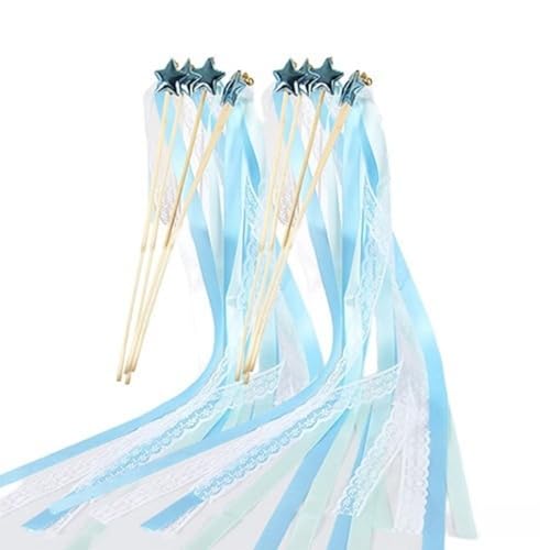 Image of 24 Pack Fairy Wands, Ribbon Lace Fairy Wands with Bells, Decorative Silk Stick with Streamers for Wedding Birthday Party, Pretty Pentagram Ribbon for Girls