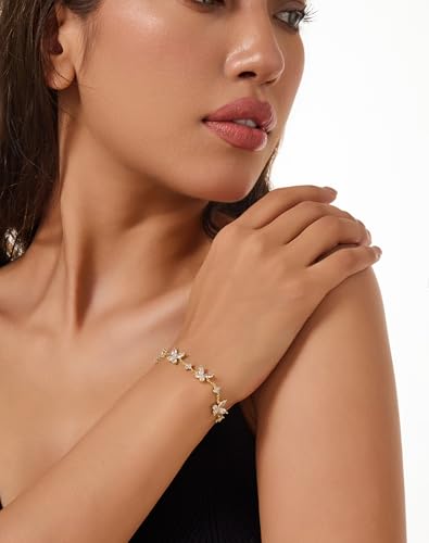 Dainty Gold Silver Bracelet for Women Trendy Non Tarnish 14K Gold Plated Cubic Zirconia Bracelet Simple Butterfly Flower Cubic Zirconia Bracelets Jewelry Gift for Women