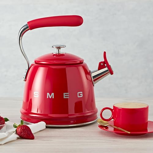 Image of SMEG Stovetop Whistling Kettle - 50s Retro Style, 2.3 Liter (10 Cup / 2.4 Quart) Stainless Steel Tea Kettle with Iconic Design & Whistle - Premium Kitchen Statement Piece-Red