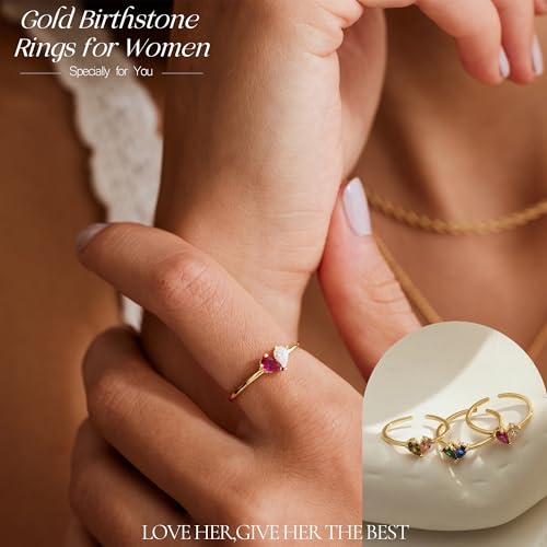 Birthstone Rings for Women Non Tarnish Gold Rings Mothers Day Gifts Birthday Gifts for Teen Girls Dainty 14K Plated Adjustable CZ Stacking Promise Ring Christmas Stocking Stuffers Anniversary Jewelry for Friend Sister Girlfriend Mom