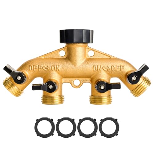 Brass 4 Way Faucet Splitter, 4 Port Manifold, 4-Way Garden Hose Splitter, 3/4' Heavy-Duty Spigot Adapter with Individual Shutoff Valves, Solid Brass Manifold, Leak-Resistant