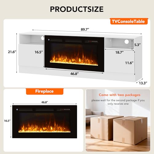 Image of MXV 90 inch Fireplace TV Stand for TVs Up to 100 inch, LED Light Entertainment Center with 50 inch Electric Fireplace, Modern Wood Texture TV Media Console with Highlight Storage Cabinet, White+Black