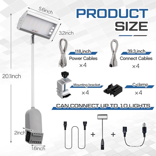 Retisee 4pcs Trade Show LED Lights Display and Exhibit Arm Lighting, Under-Cabinet Lights Trade Show Booth Accessories Connectable Booth Light Included Clamps, Mounting Brackets, Power Cable (Silver)