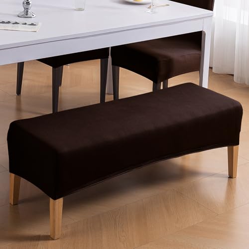Image of HOKIPO 'SereneSolids' 140 GSM Polyester Blend Stretchable Dining Bench Slipcover, Coffee (AR-6245-CFE)