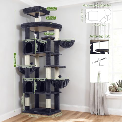 Image of Globlazer Extra Large Cat Tree Tower, 82in Tall Heavy Duty Cat Tree for Indoor Cats Large Adult Big Cat Tower with 8 Scratching Posts, 2 Cat Condos, 2 Padded Perches, 3 Hanging Baskets, S82, Dark Gray