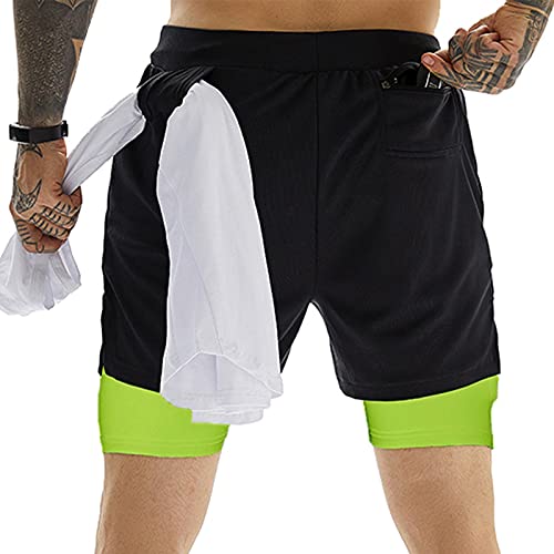 OEBLD Short esportivo masculino 2 em 1 para academia, treino, corrida, 17 cm com alça para toalha, P