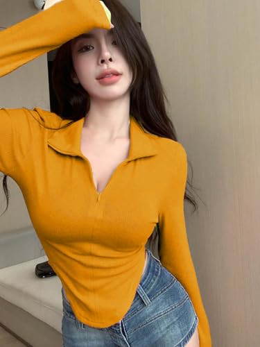 Image of Istyle Can Women's Top Solid Long Sleeve Ribbed Asymmetric Hem Casual T-Shirt with Zipper Collar. Full Sleeve, Rib Knit, Plain, Slim Fit