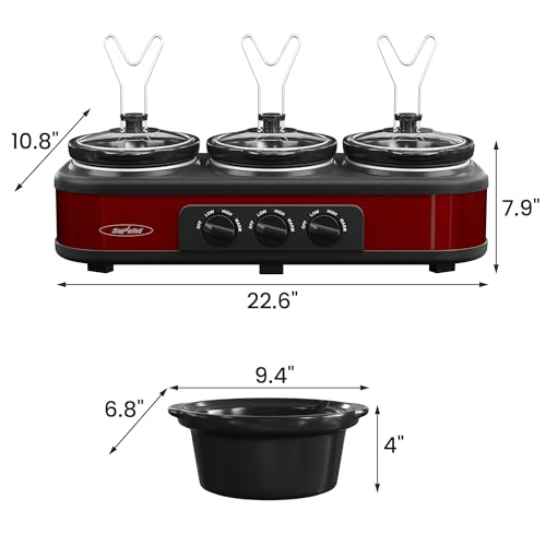 Sunvivi Triple Slow Cooker Buffet Servers and Warmer,3 Pot Food Small Mini Manual Slow Cooker with Adjustable Temp Stainless Steel Lid Rests,Removable Ceramic Pot, 3 * 1.5 Quarts Red