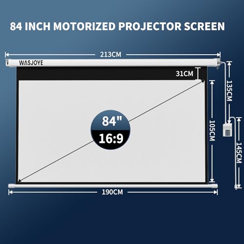 WASJOYE 84 Leinwand Beamer Elektrisch Diagonale Automatische Projektion 16:9 8K HD Filme Schirm für Heimkino Büro Videospiel Outdoor Indoor, Projector Screen W/Fernbedienung und Wand/Decke Mount
