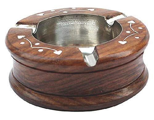 Crafts Collection Store Handmade Beautiful Designer Round Shaped Wooden Ashtray with Inlay Work Ashtray for Cigarettes and Smoking Home, Office, Garden, Gift Use (10x10x3) (Brown)