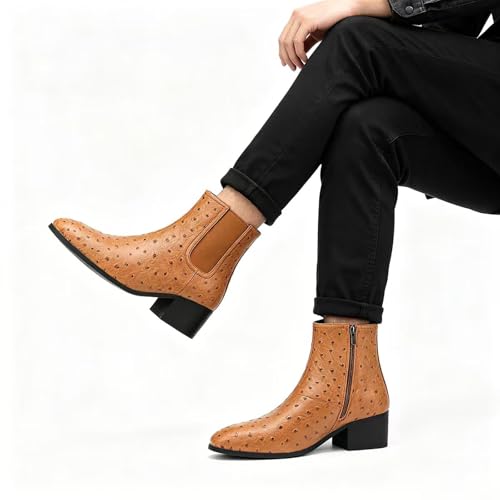 Image of Men'S Classic Leather Chunky Heel Chelsea Boots With Side Zipper Fashion Pointed Toe Elastic Band High Top Block High Heel Formal Chukka Booties For Casual Business Party Wedding