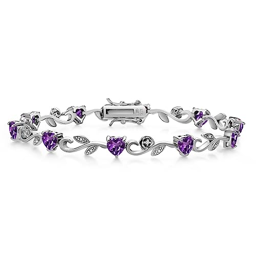 Gem Stone King 925 Sterling Silver Heart Shape Purple Amethyst and White Lab Grown Diamond Greek Vine Flower Tennis Bracelet For Women (4.24 Cttw, 7.5 Inch)