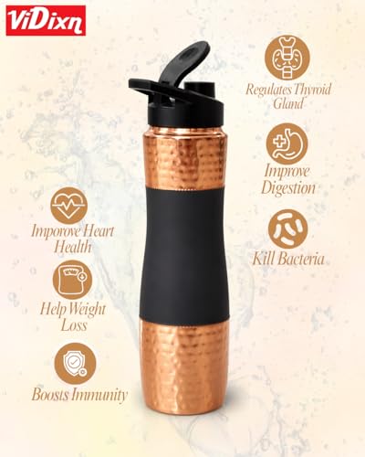 Image of 100% Pure Copper Water Bottle 950ml - Ayurvedic Leak-Proof Copper Bottle for Drinking Water - Handcrafted Mandala Design - BPA-Free & Eco-Friendly - Improves Immunity & Digestion (Black)