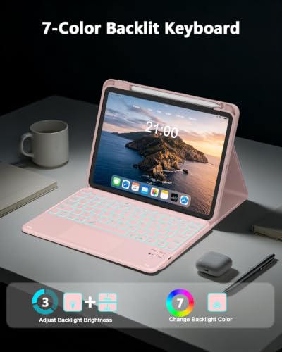 Image of RAYMCRAFT for iPad (A16) 11th /10th Generation Case with Keyboard, 7 Color Backlit, Multi-Touch Trackpad, Folio Case with Pencil Holder, Detachable Wireless Keyboard for iPad (A16) 11th /10th, Pink
