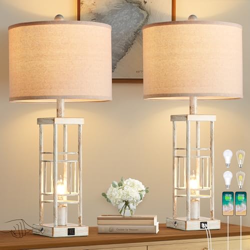 Image of Reaketon Table Lamp for Living Room Set of 2 with USB C+A & Bulbs, 3-Way Dimmable 27.6" Farmhouse End Lamps, Rustic Bedside Lamp for End Tables, Industrial Nightstand Lamps for Bedroom
