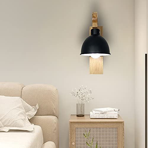 Aplique de pared negro E27 de diseño moderno y base de madera para iluminación de interior 4
