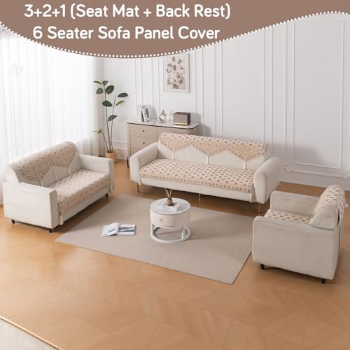 Image of HOKIPO 'Heritage Weave' Premium Jacquard Sofa Cover 6 Seater Set with Tassels - Washable 3+2+1 Sofa Panel for Seat & Back | Sandy Beige (IN-831-830-829 + IN-859-858-857-BGE)