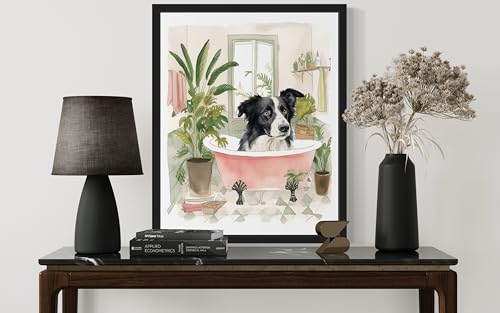 Image of Border Collie in Bathtub Black Framed Wall Art Poster Print, Animal Bathtub Restroom Wall Art Painting for Bathroom Decor Gallery Gallery 30 (Border Collie in Bathtub,10 inch L x 8 inch W, Black Frame)