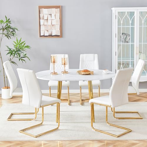 Image of Round Dining Table Set for 6, 42-54 inch Expandable Dining Table with 6 PU Upholstered Chairs, Engineered Wood Top, Space-Saving Round Kitchen & Dining Room Table Set(1 Table + 6 White Chairs)