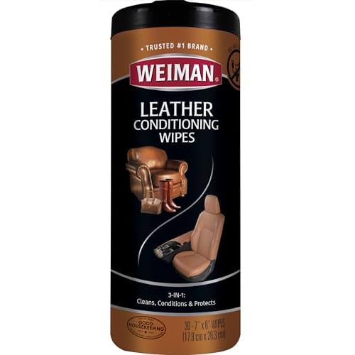 Weiman Leather Cleaner & Conditioner Wipes With UV Protection, Prevent Cracking Or Fading Of Leather Couches, Car Seats, Shoes, Purses – 30 ct