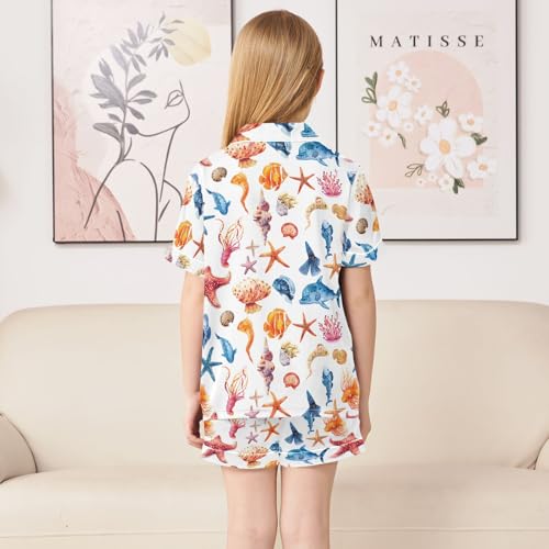 ALAZA Blue Starfish Fish Coral Reef Satin Pajamas Set Short Sleeve Button Down Sleepwear Summer Pjs 2 Piece4